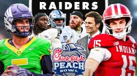 Dante Moore on one side, Fernando Mendoza on the other. Peach Bowl logo front and center. In the far off background is the Raiders logo and Ashton Jeanty, Brock Bowers, Maxx Crosby, and Tom Brady (Brady needs to be in a suit or in Raiders gear. Can't have him in his playing days).