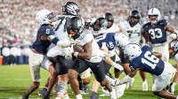 Oregon running back Jordon Davison breaks into the end zone for a touchdown as the Oregon Ducks face the Penn State Nittany Lions on Sept. 27, 2025, at Beaver Stadium in University Park, Pennsylvania.