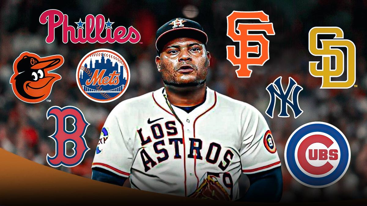 Framber Valdez surrounded by Orioles, Giants, Yankees, Mets, Phillies, Cubs, Reds, Padres logos