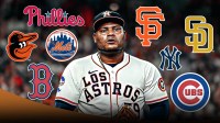 Framber Valdez surrounded by Orioles, Giants, Yankees, Mets, Phillies, Cubs, Reds, Padres logos