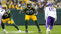 Nov 23, 2025; Green Bay, Wisconsin, USA; Green Bay Packers offensive tackle Rasheed Walker (63) during the game against the Minnesota Vikings at Lambeau Field. Mandatory Credit: Jeff Hanisch-Imagn Images