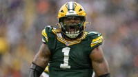 Green Bay Packers defensive end Micah Parsons (1) celebrates following a sack during the third quarter against the Minnesota Vikings at Lambeau Field.