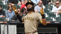 San Diego Padres right fielder Fernando Tatis Jr. (23) celebrates his solo home run against the Chicago White Sox during the third inning at Rate Field.