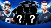 Carolina Panthers head coach Dave Canales with QB Bryce Young with two silhouettes of American football players with big question mark emojis inside. There is also a logo for the Carolina Panthers.