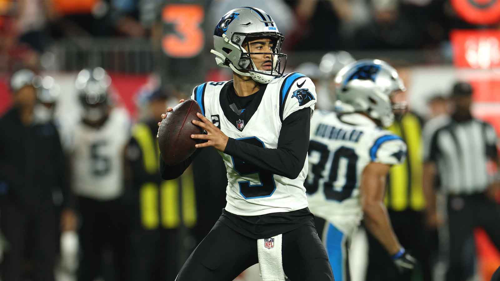 Carolina Panthers quarterback Bryce Young (9) passes against the Tampa Bay Buccaneers in the second half at Raymond James Stadium.
