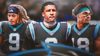 Cashius Howell (Texas A&M), Sonny Styles (Ohio State), and Kenyon Sadiq (Oregon) all in Carolina Panthers jerseys with numbers