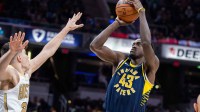 Indiana Pacers forward Pascal Siakam (43) shoots the ball while Boston Celtics guard Hugo Gonzalez (28) defends in the first half at Gainbridge Fieldhouse.