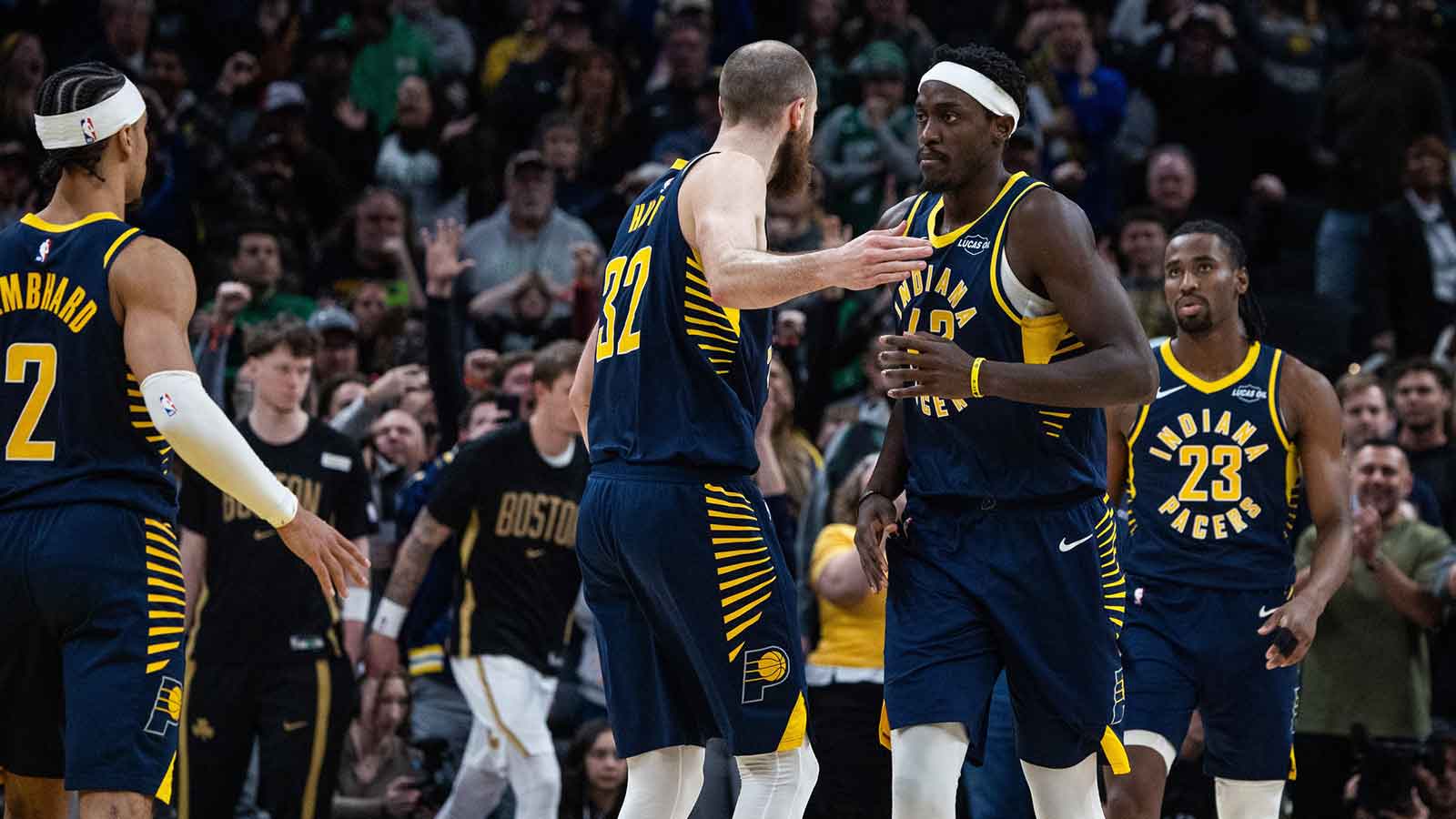 Indiana Pacers forward Pascal Siakam (43) celebrates his game winning shot with teammates in the second half against the Boston Celtics at Gainbridge Fieldhouse.