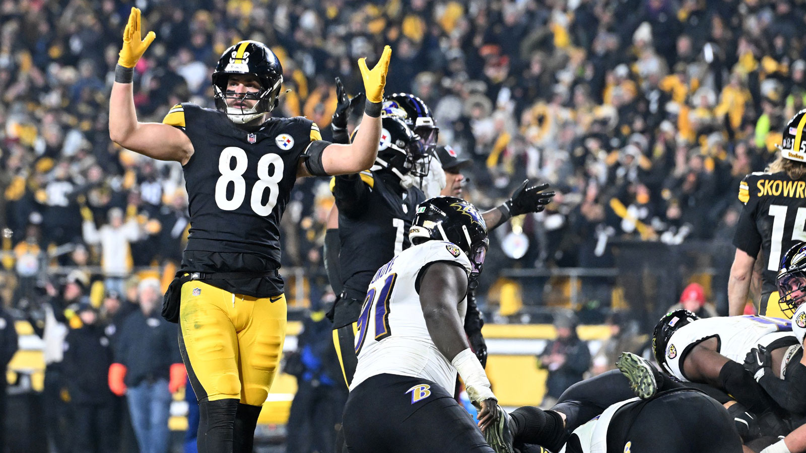 Pittsburgh Steelers tight end Pat Freiermuth (88) reacts after a touchdown against the Baltimore Ravens during the second half at Acrisure Stadium.