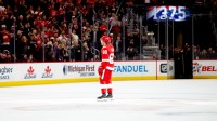 Detroit Red Wings right wing Patrick Kane (88) celebrates after he gets his 1375 point in the second period against the Washington Capitals at Little Caesars Arena.