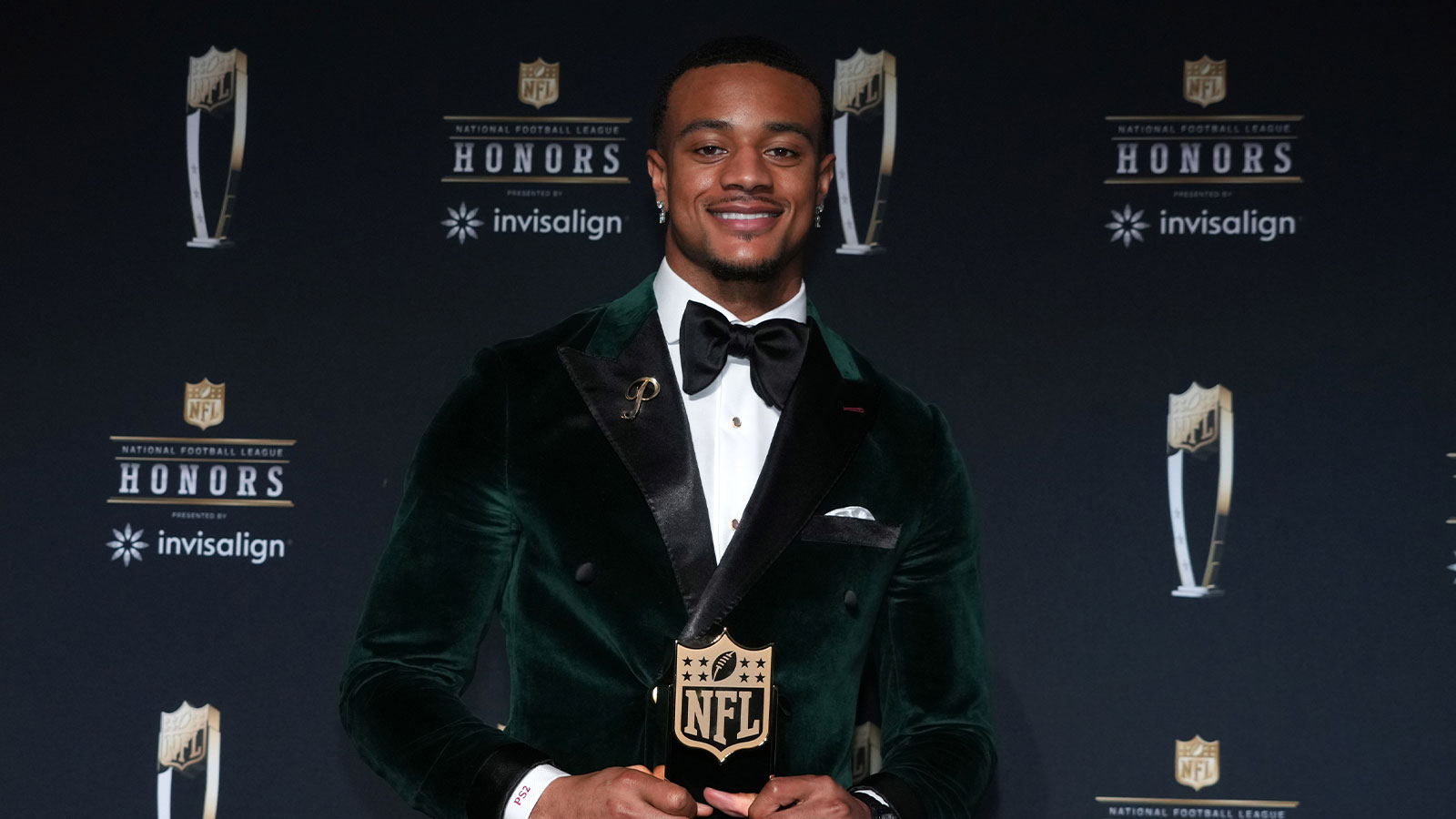 Denver Broncos cornerback Patrick Surtain II poses with the Defensive Player of the Year award during Super Bowl LIX NFL Honors at Saenger Theatre.