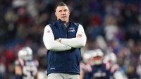 New England Patriots head coach Mike Vrabel looks on before the game against the Los Angeles Chargers in an AFC Wild Card Round game at Gillette Stadium