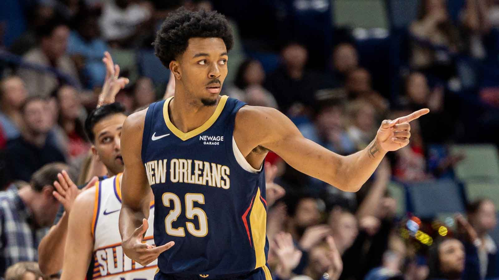 Pelicans forward Trey Murphy III (25) reacts to making a three-point basket against the Phoenix Suns during the first half at Smoothie King Center