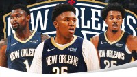 Zion Williamson, Derik Queen, Trey Murphy III Pelicans logo