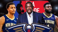 Trey Murphy III, Joe Dumars, Zion Williamson NBA Trade Deadline logo (background) Pelicans logo