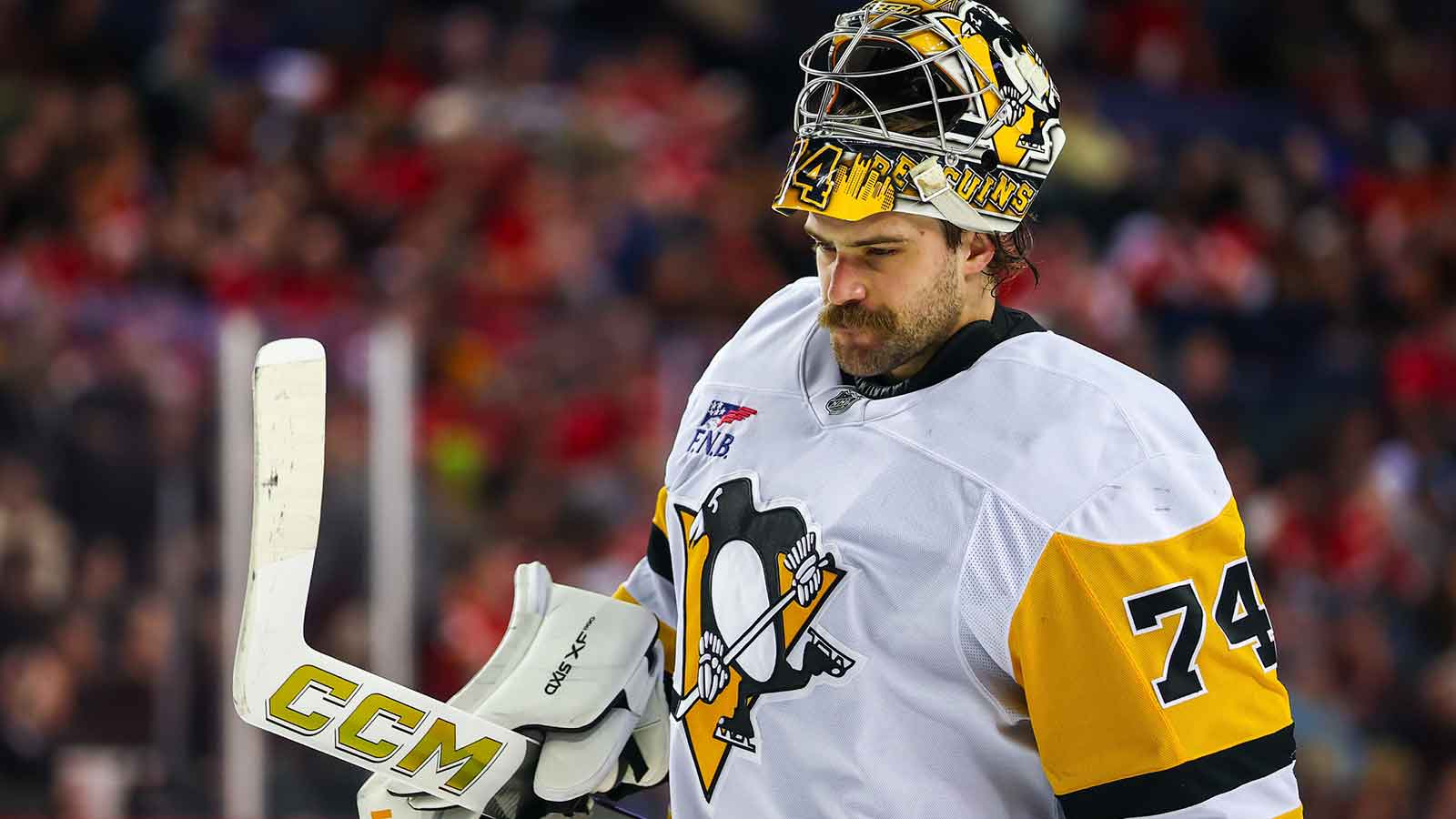 Pittsburgh Penguins goaltender Stuart Skinner (74) during the second period against the Calgary Flames at Scotiabank Saddledome.