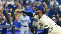 Milwaukee Brewers pitcher Freddy Peralta (51) throws a pitch against the Los Angeles Dodgers in the first inning during game two of the NLCS round for the 2025 MLB playoffs at American Family Field.