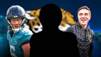 Mystery player in the middle, GM James Gladstone and Trevor Lawrence around him, Jacksonville Jaguars wallpaper in the background
