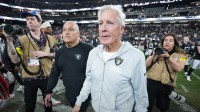 Las Vegas Raiders head coach Pete Carroll leaves the field after the game against the Kansas City Chiefs at Allegiant Stadium.