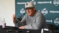 Philadelphia Eagles defensive coordinator Vic Fangio addresses media during training camp at NovaCare Complex.