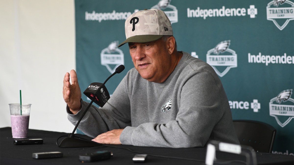 Philadelphia Eagles defensive coordinator Vic Fangio addresses media during training camp at NovaCare Complex.