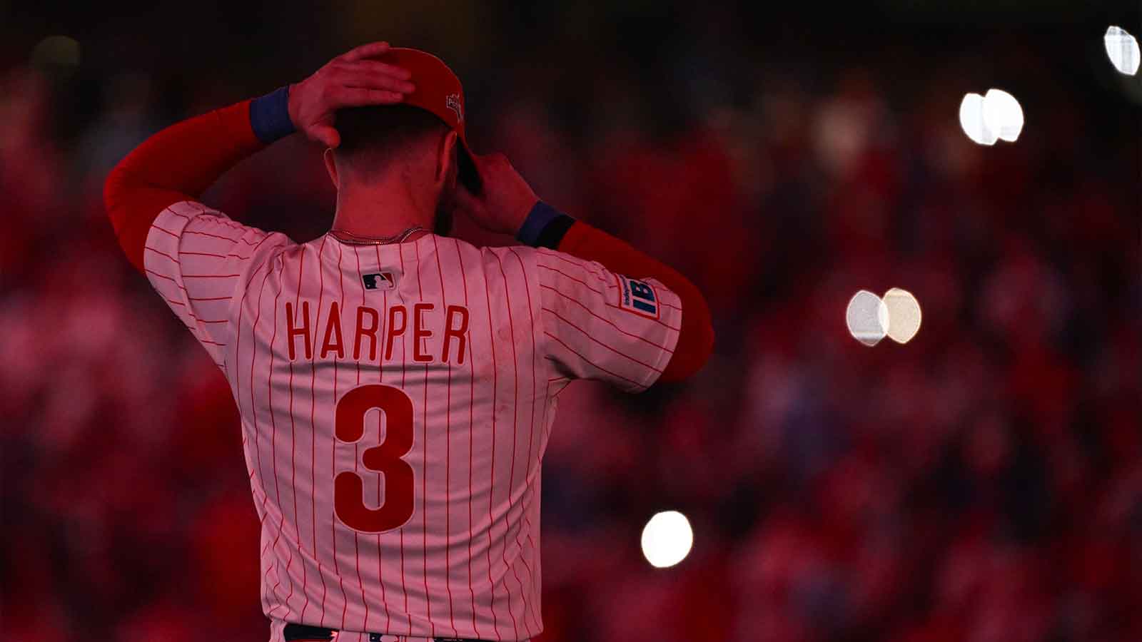 Philadelphia Phillies first baseman Bryce Harper (3) looks on at the start of the ninth inning during game two of the NLDS round against the Los Angeles Dodgers for the 2025 MLB playoffs at Citizens Bank Park.