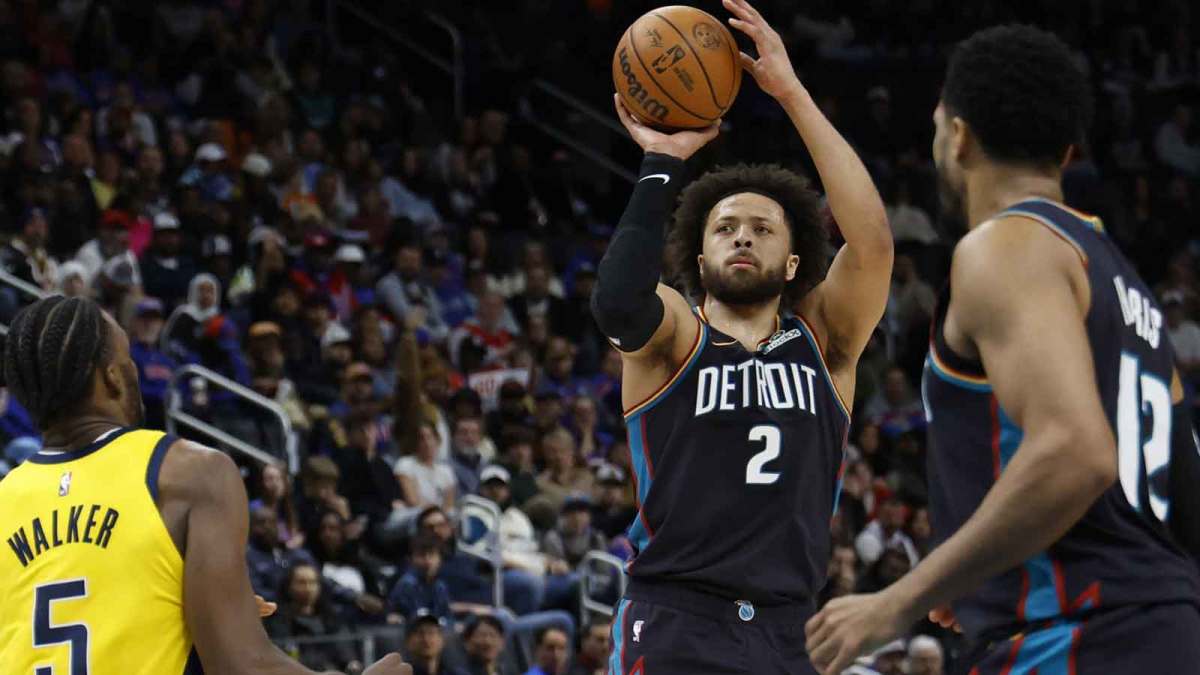 Detroit Pistons guard Cade Cunningham (2) shoots in the first half against the Indiana Pacers at Little Caesars Arena.