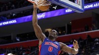 Detroit Pistons center Jalen Duren (0) dunks in the second half against the Milwaukee Bucks at Little Caesars Arena.