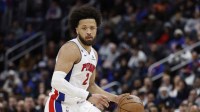 Detroit Pistons guard Cade Cunningham (2) dribbles the ball in the second half against the Boston Celtics at Little Caesars Arena.