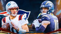 Drake Maye, Patriots logo on one side. Justin Herbert and Chargers logo on the other side. Patriots stadium in the background