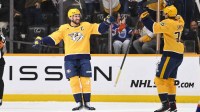 Nashville Predators defenseman Roman Josi (59) celebrates the game winning goal against the Edmonton Oilers during the overtime period at Bridgestone Arena.