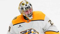 Nashville Predators goaltender Justus Annunen (29) celebrates after the Predators defeated the Vegas Golden Knights 4-2 at T-Mobile Arena.