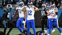 Los Angeles Rams wide receiver Puka Nacua (12) reacts against the Carolina Panthers in the second half during the NFC Wild Card Round game at Bank of America Stadium. Mandatory Credit: Bob Donnan-Imagn Images