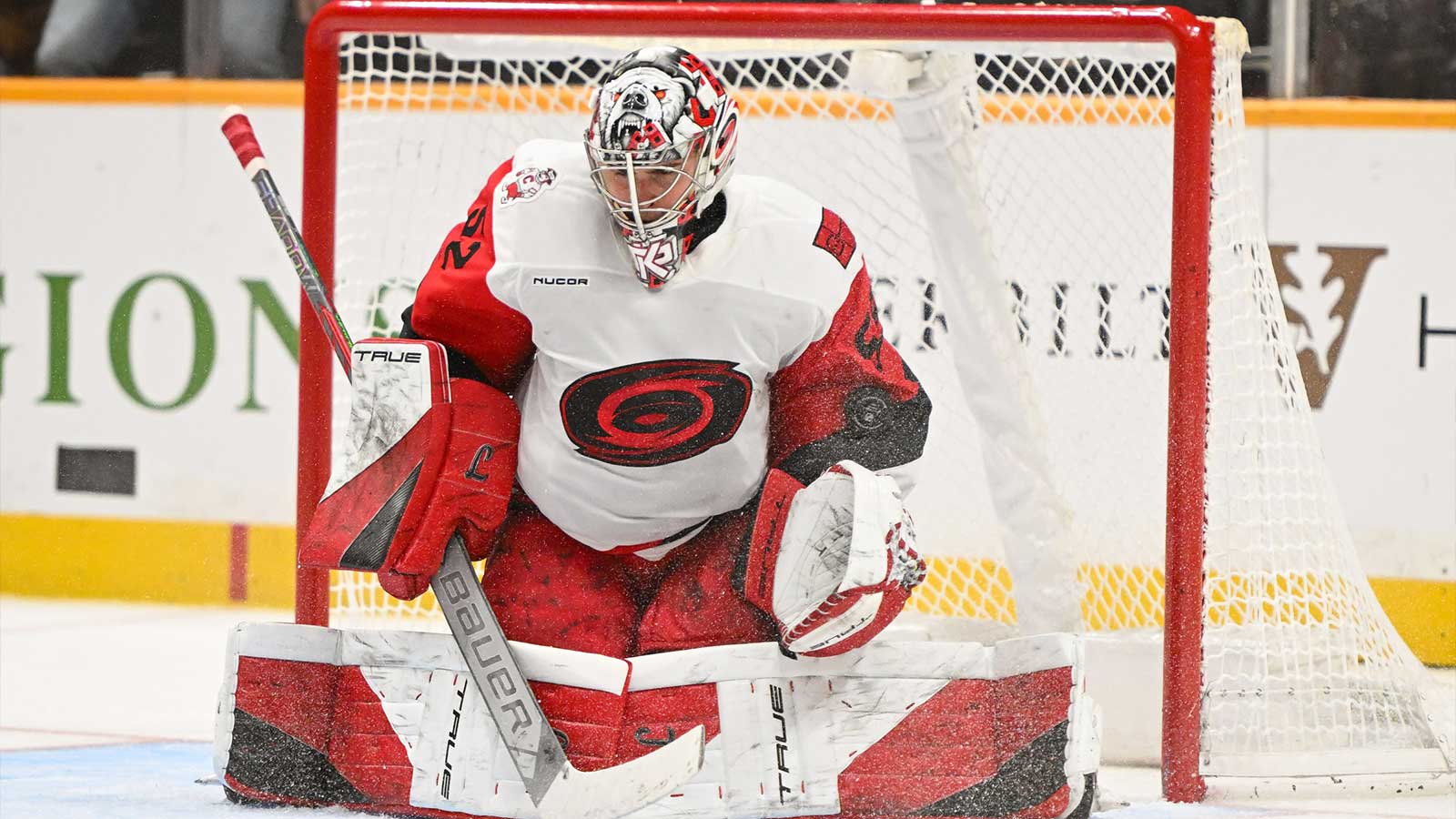 Carolina Hurricanes goaltender Pyotr Kochetkov (52) stops the puck against the Nashville Predators during the third period at Bridgestone Arena.