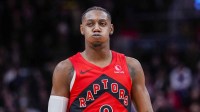 Toronto Raptors forward/guard RJ Barrett (9) reacts after missing a shot against the Denver Nuggets at Scotiabank Arena.