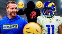 Los Angeles Rams head coach Sean McVay with CB Darious Williams and a silhouette of an American football player with a big question mark emoji inside. They are surrounded by sad emojis.
