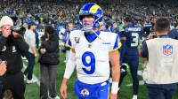 Los Angeles Rams quarterback Matthew Stafford (9) leaves the field after the 2026 NFC Championship Game against the Seattle Seahawks at Lumen Field.