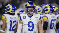 Los Angeles Rams quarterback Matthew Stafford (9) reacts in the first half during the NFC Wild Card Round game at Bank of America Stadium.