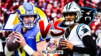 Matt Stafford with the Rams logo in the background on the left, Bryce Young with Panthers logo in the background on the right. VS in the middle. NFL Playoff logo in the middle under VS.