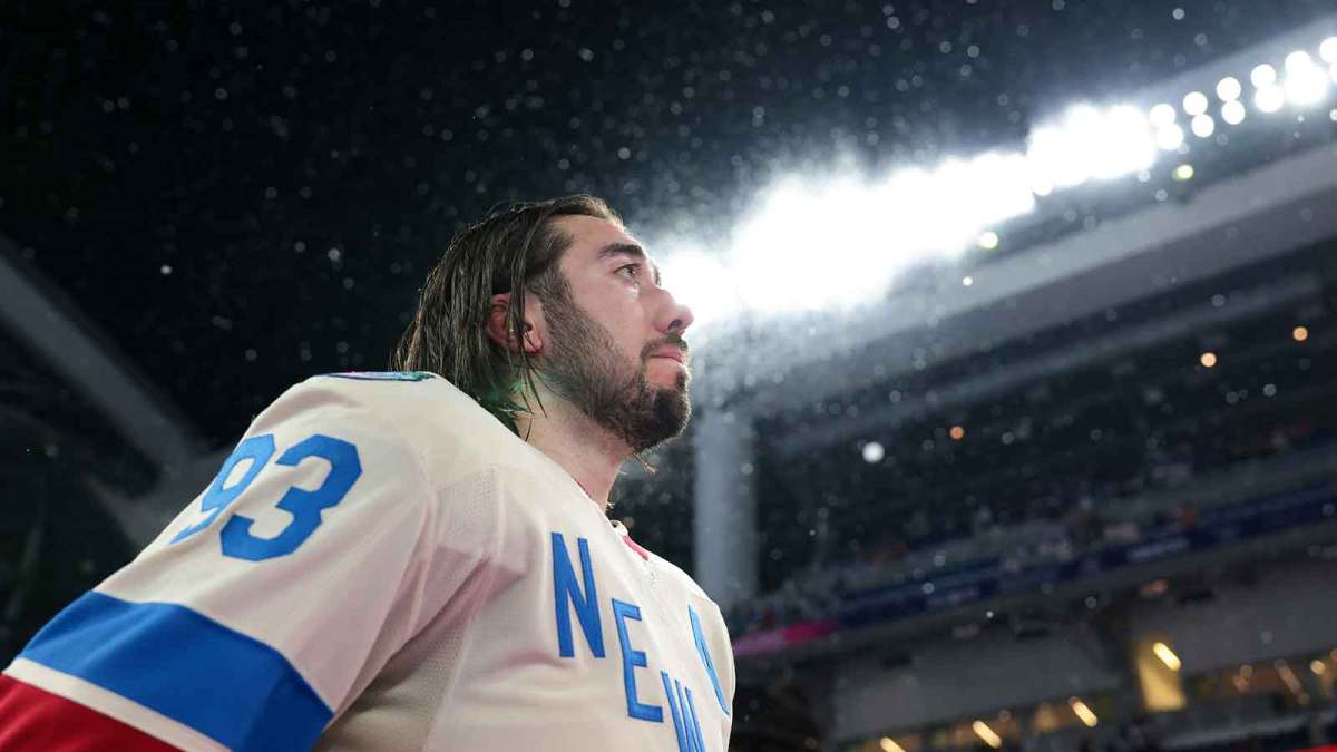 New York Rangers center Mika Zibanejad (93) looks on after the 2026 Winter Classic ice hockey game against the Florida Panthers at loanDepot Park.