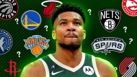 Giannis Antetokounmpo with team logos around him who want to trade for him