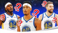 Myles Turner, Nic Claxton, and Domantas Sabonis in Warriors uniforms, question marks all over