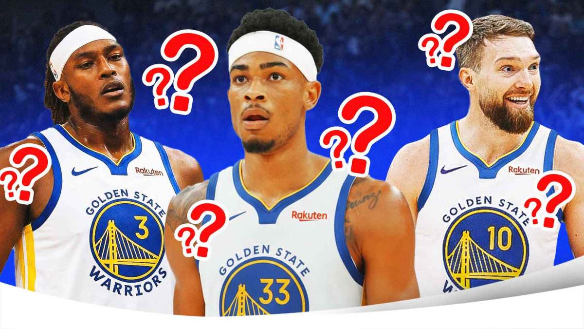 Myles Turner, Nic Claxton, and Domantas Sabonis in Warriors uniforms, question marks all over