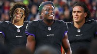 The Ravens 2026 PFF NFL mock draft simulator three-round draft, featuring Jordyn Tyson (Arizona State), Zion Young (Missouri), Eli Stowers (Vanderbilt) all in Ravens jerseys