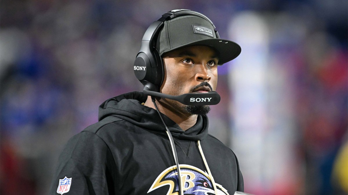 Baltimore Ravens defensive coordinator Zach Orr on the sidelines before a game against the Buffalo Bills at Highmark Stadium.