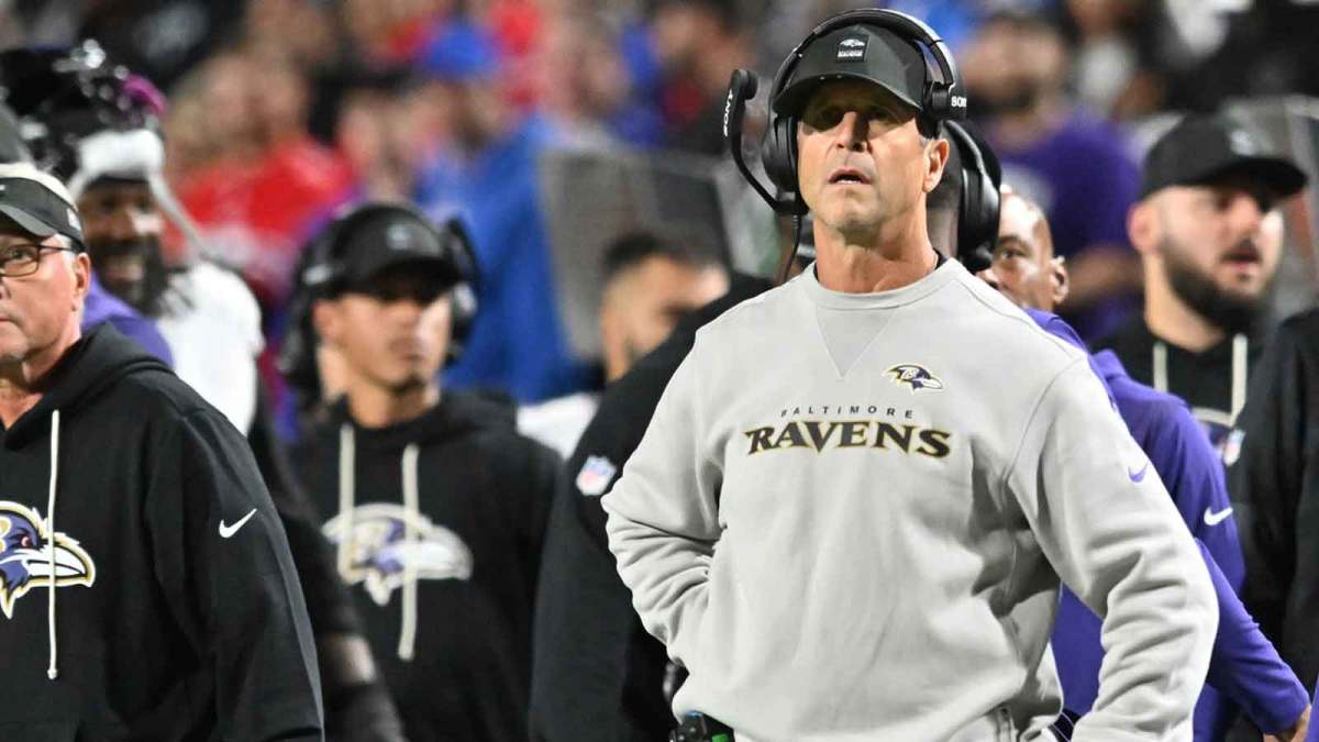 Baltimore Ravens head coach John Harbaugh looks on during the third quarter against the Buffalo Bills at Highmark Stadium.