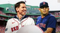 Fenway Park background. Ranger Suarez in a Boston Red Sox jersey on left. Craig Breslow on right.