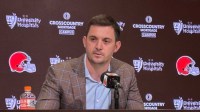 Tommy Rees speaks to reporters during his introductory news conference as Cleveland Browns offensive coordinator.