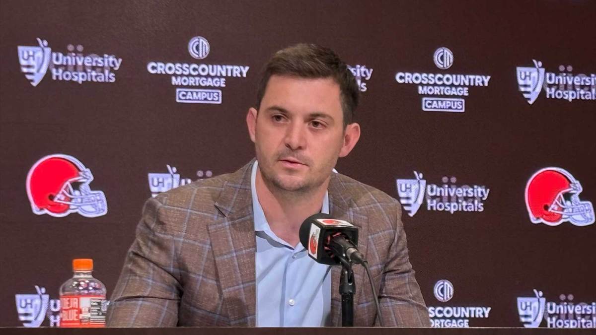 Tommy Rees speaks to reporters during his introductory news conference as Cleveland Browns offensive coordinator.