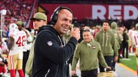 San Francisco 49ers defensive coordinator Robert Saleh reacts after defeating the Arizona Cardinals at State Farm Stadium.